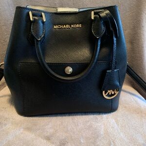 Michael Kors Black Leather Saffiano Satchel - White Interior